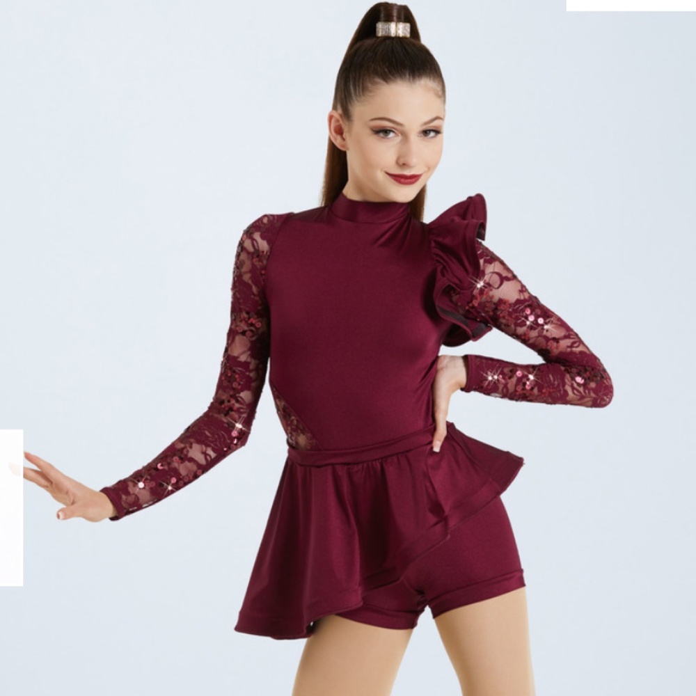 Weissman Dance Costume Bury A Friend MC Asymmetrical burgundy long sleeve